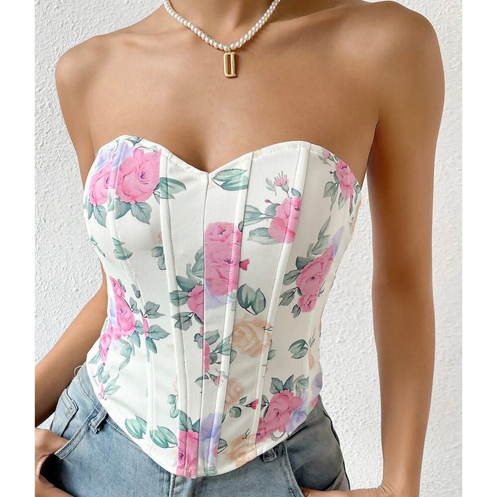 Commense Floral Heart Shaped Neckline Strapless Corset Top XS NWT